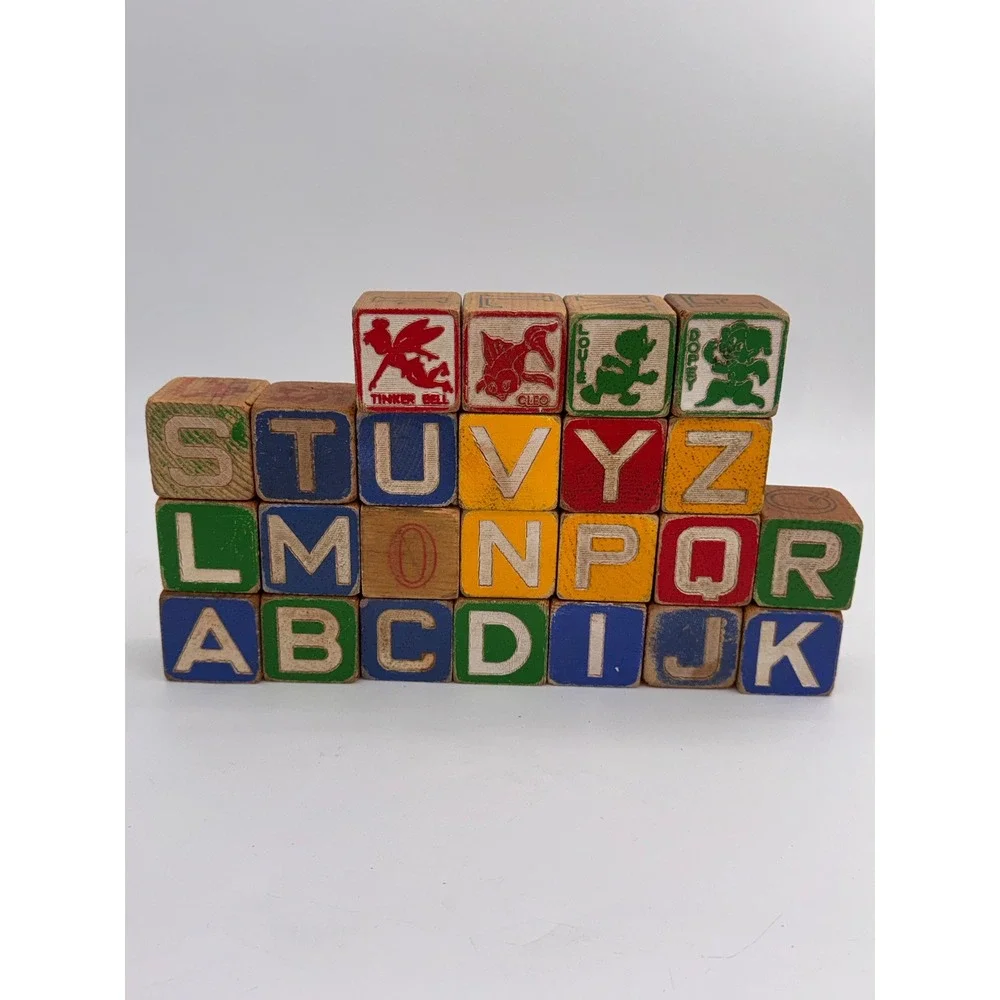 21 Vintage Wooden Alphabet Pictorial Blocks Disney Characters 1.8 Inch Nursery
